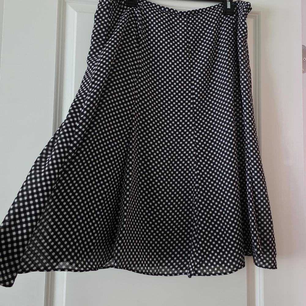 Vintage Gingham Chiffon Over Knee Midi Flare Skirt Womens 16W Black Preppy Chic